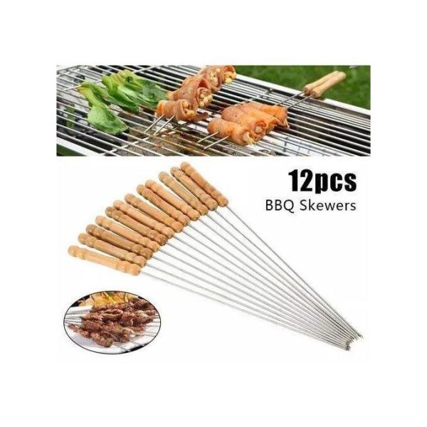 12 Pieces Barbecue Skewers Wooden Handle BBQ Meat Needle Roast Fork Kebab Stick Barbecue Tools