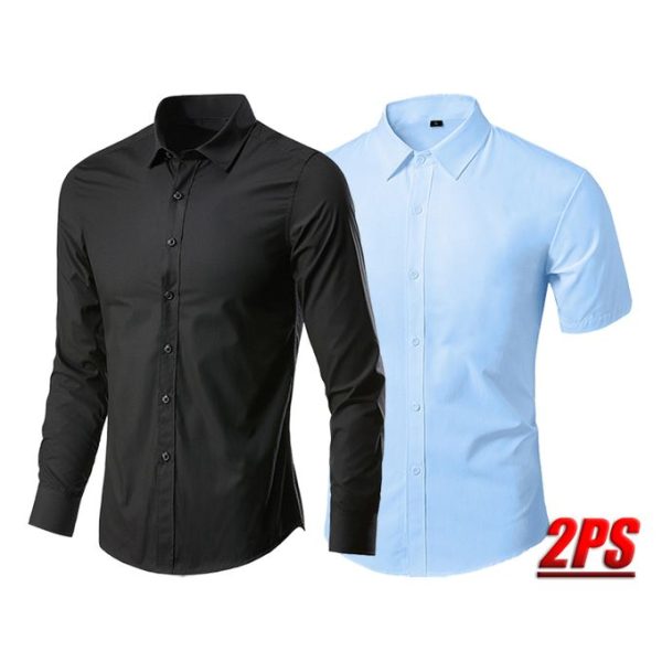 2PS Men's Long-sleeved Shirt + Short-sleeved Shirt No-iron Casual Work Collar Top