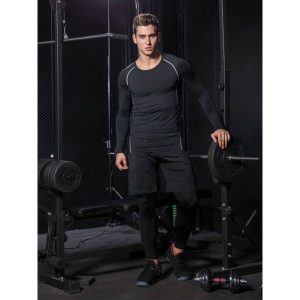 Fashion 3pcs Men Tops+Pants+Shorts Fitness Sportswear Set - Black