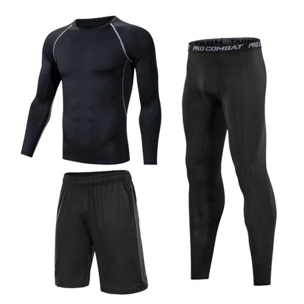 Fashion 3pcs Men Tops+Pants+Shorts Fitness Sportswear Set - Black