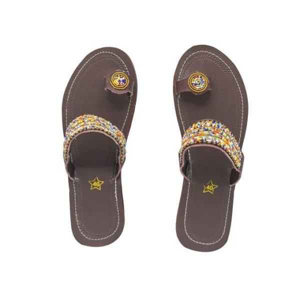 Fashion Ladies Leather Flat Sandals Women Shoes With Maasai Floral Beads