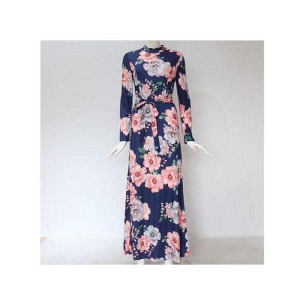 Fashion Ladies Office Clothing Long Dresses Turkey Floral Sleeve Blue