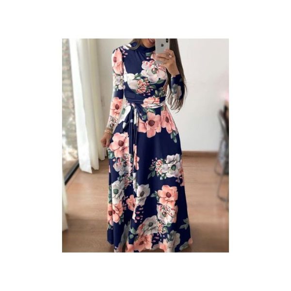 Fashion Ladies Office Clothing Long Dresses Turkey Floral Sleeve Blue