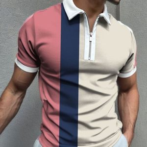 Fashion Men's Color Stitching Polos Shirts Round Neck Short Sleeve T-shirt Business