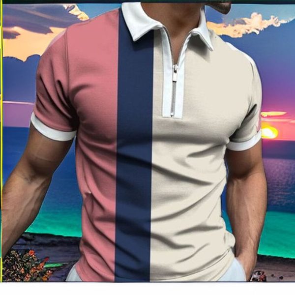 Fashion Men's Color Stitching Polos Shirts Round Neck Short Sleeve T-shirt Business