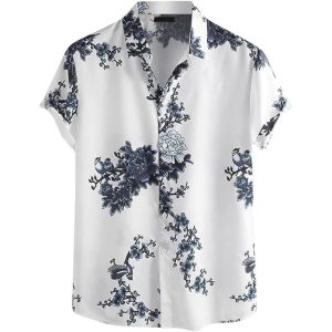 Fashion Men's Hawaiian Ink Print Bottom-down Beach Short Sleeve T-Shirt Casual Tops