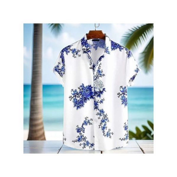 Fashion Men's Hawaiian Ink Print Bottom-down Beach Short Sleeve T-Shirt Casual Tops