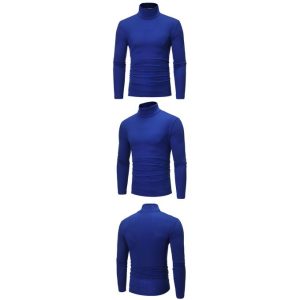 Fashion Mens T-shirt Turtle Neck Sweatshirt Casual Long Sleeve Shirts-Blue