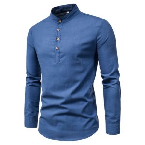 Fashion Mens Turtleneck Polos Formal Long Sleeve Vintage Shirts-Blue