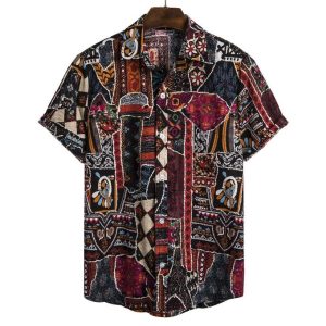 Fashion Mens Vintage Graffiti Short Patterned Sleeve Button-Down Hawaii Beach Shirt-Red