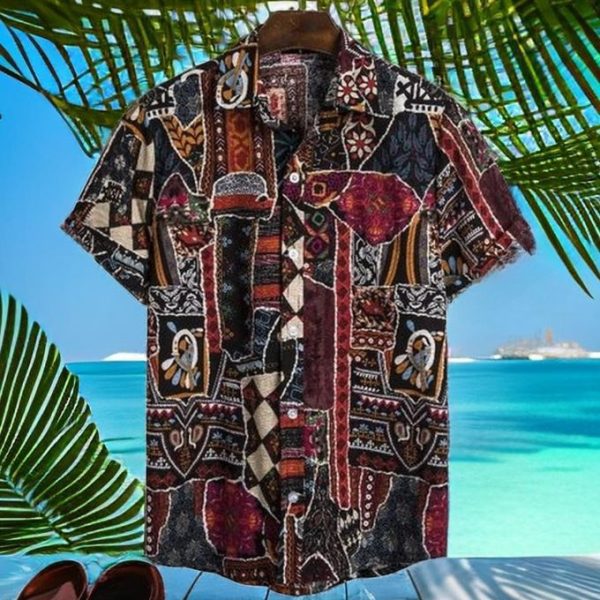 Fashion Mens Vintage Graffiti Short Patterned Sleeve Button-Down Hawaii Beach Shirt-Red