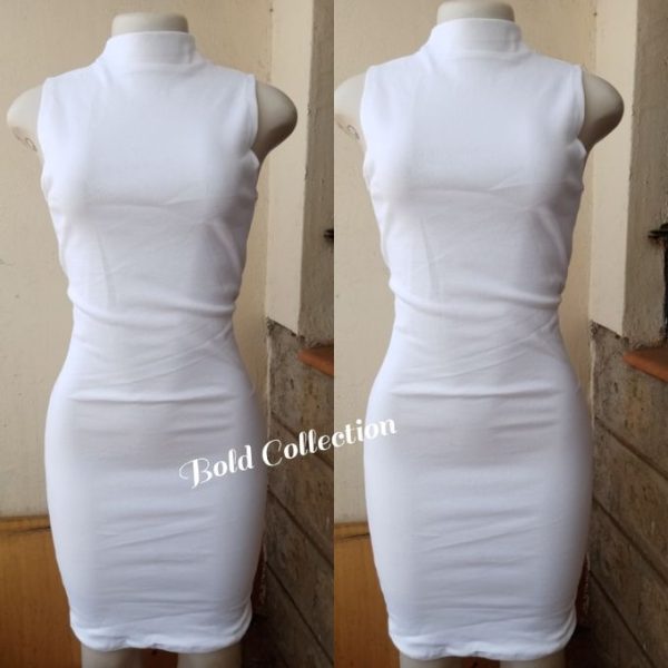 Fashion Sexiest White Mock Neck Stretchy Bodycon Dress (Hips 34-42" Fit)