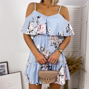 Fashion Women Grown Elegant Floral Print V-neck Dress Ladies Clothes