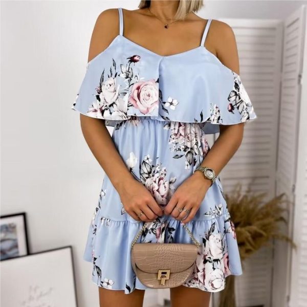 Fashion Women Grown Elegant Floral Print V-neck Dress Ladies Clothes