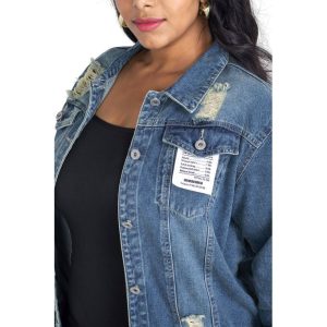 Fashion Women's Drop Shoulder Flap Pocket Patched Button Up Denim Jacket, Blue