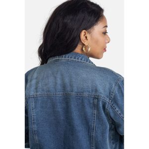 Fashion Women's Drop Shoulder Flap Pocket Patched Button Up Denim Jacket, Blue