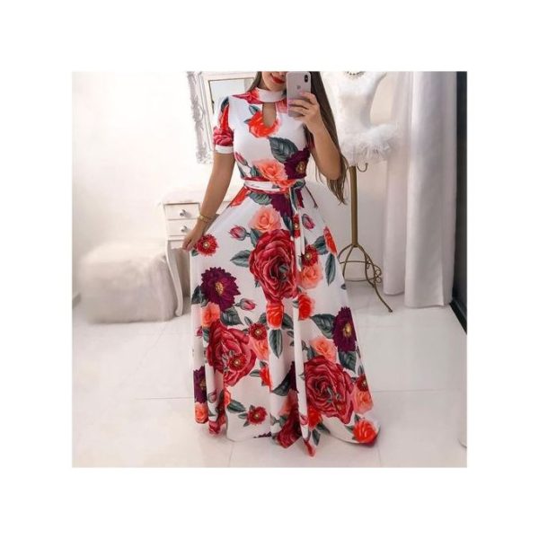 Fashion Women's Floral Sleeve Office Long Grown Dresses Casual Clothing Red