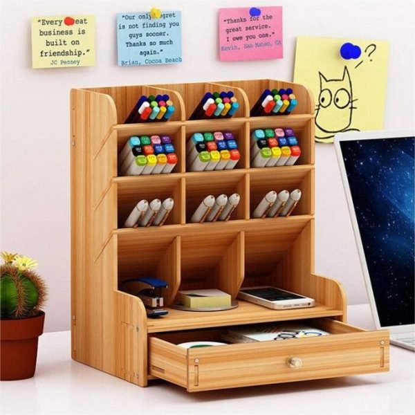 New DIY Wooden Pen Holder Storage Box Creative Office Stationery Desk Stand