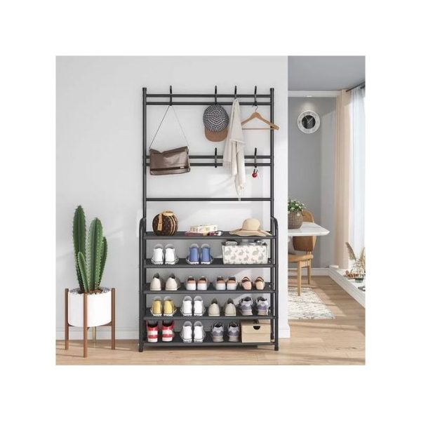 TC All-In-1 Shoe Rack/Coat Rack/Cap Scarf Bag Cloths Hanger- Black