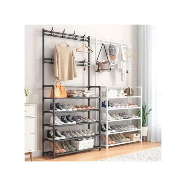 TC All-In-1 Shoe Rack/Coat Rack/Cap Scarf Bag Cloths Hanger- Black