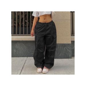 Fashion Ladies High Waist Cargo Pants Women-Black