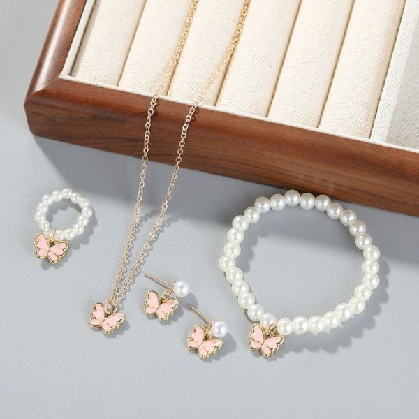 Fashion Pearl Butterfly Jewelry Bracelet Accessories Ring Earring Set