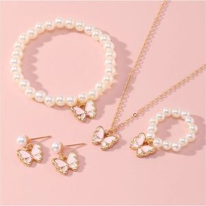 Fashion Pearl Butterfly Jewelry Bracelet Accessories Ring Earring Set