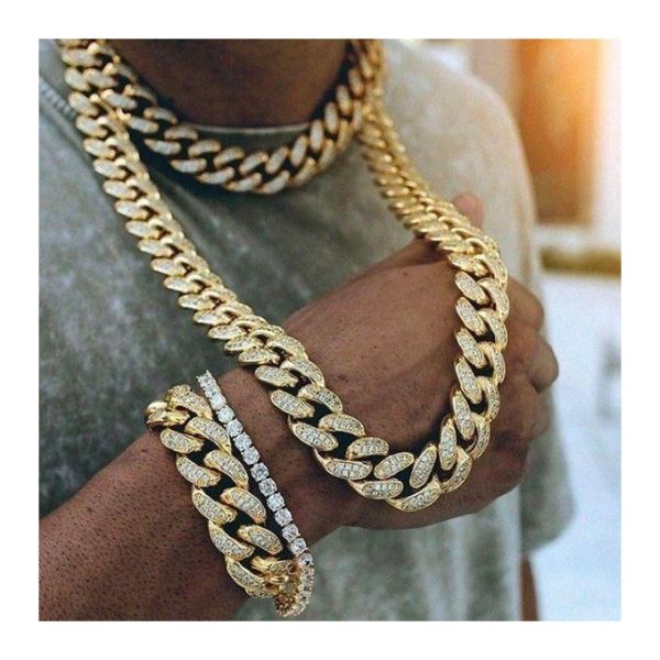 Mens Cuban Link Chain Necklace Faux Gold Coated Diamond-Like Rhinestones Alloy Iced Out Hip Hop Jewelry