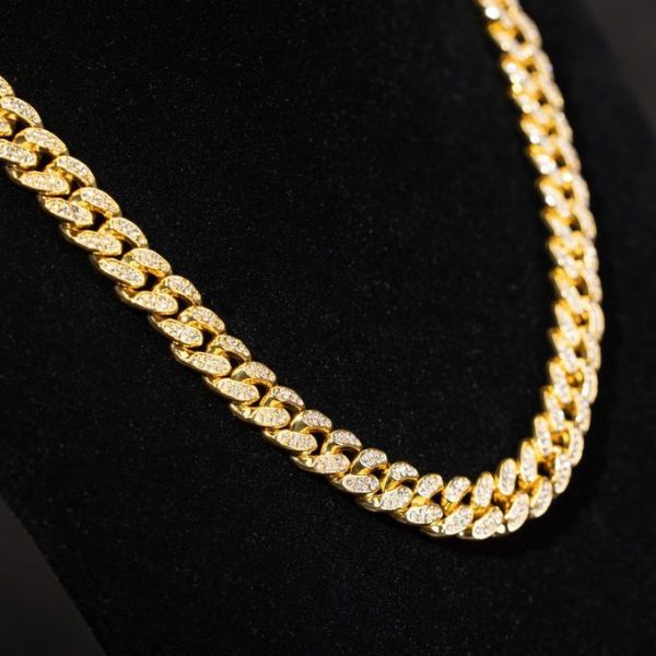 Mens Cuban Link Chain Necklace Faux Gold Coated Diamond-Like Rhinestones Alloy Iced Out Hip Hop Jewelry