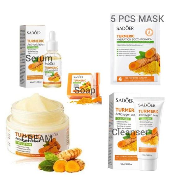 SADOER 8 Pieces Set Tumeric moisturizing and skin glowing Skin Care Set: Turmeric Face Cream + Serum + 5 Face Masks + Face Cleanser For Treating...